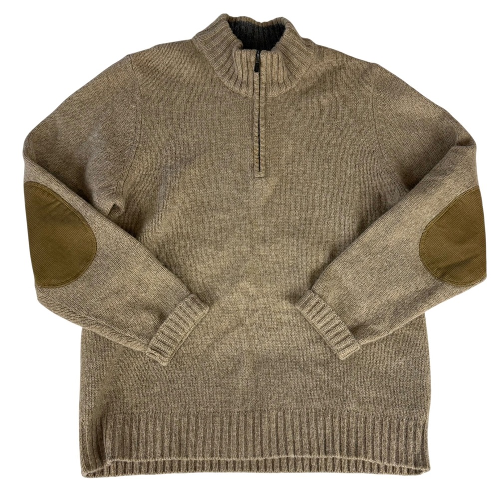 LL Bean Mens Shetland Wool Quarter Zip Sweater Tan Corduroy Elbow Patches Small